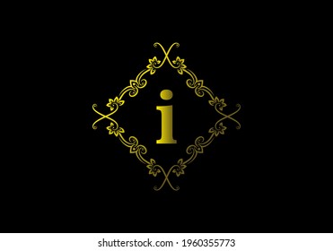 Gradient yellow gold color of i initial letter in vintage frame design