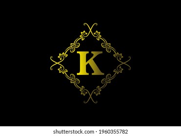 Gradient yellow gold color of K initial letter in vintage frame design