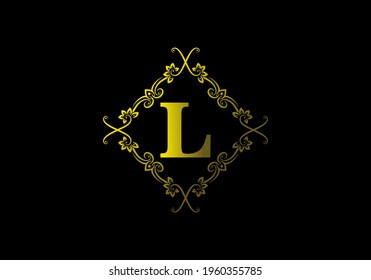 Gradient yellow gold color of L initial letter in vintage frame design