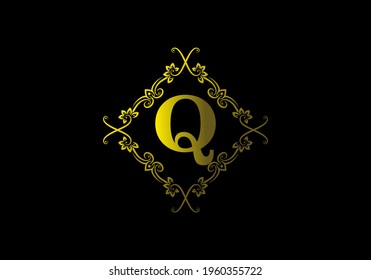 Gradient yellow gold color of Q initial letter in vintage frame design