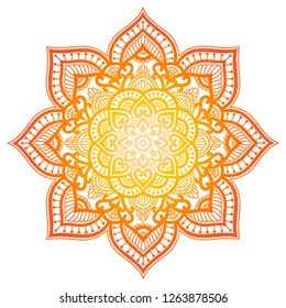 Gradient yellow mandala. Circle ethnic ornament. Hand drawn traditional indian round element. Yoga henna theme. Unique print. 