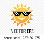 The gradient yellow and orange sun icon with smily face and pixel sunglasses