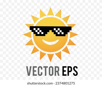 The gradient yellow and orange sun icon with smily face and pixel sunglasses