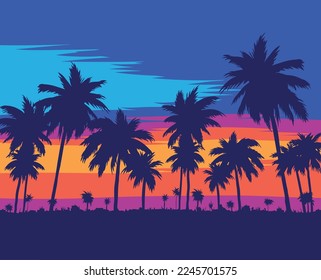 Gradient yellow sun and silhouette of palm trees on a background of red sky, tropical sunset with soaring birds and mountains