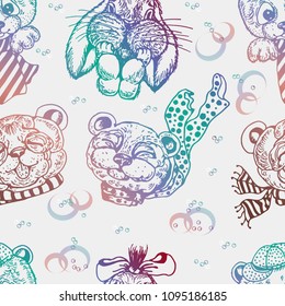 Gradiental animal faces (bear, panda, bunny, tiger) with scarf seamless pattern for your design, texture, textile, wrapping paper, wallpaper and web design. Hand drawn vector