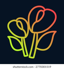 Gradientcolored line art of two tulips with leaves on a dark background