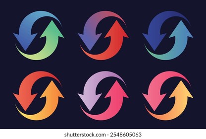 Gradient-colored vector illustration featuring circular arrow icons. Includes symbols for rotation, refresh, reload, and repeat, designed with smooth transitions and a modern aesthetic.
