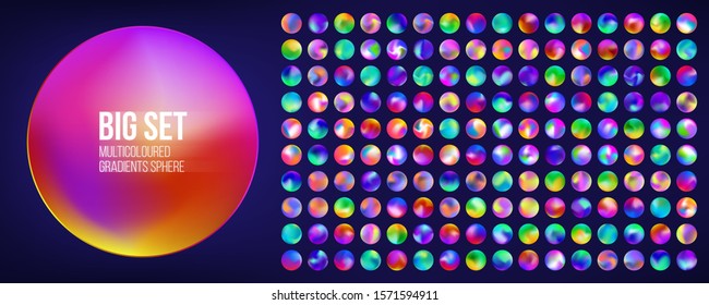 Gradients sphere. Various multicoloured circle. Neon blur round shape. Vibrant color palettes ball. Mesh orbs set. Bright buttons. Vector illustration irregular distortion effects.