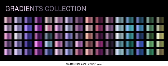 Gradients vector set. Vector neon chrome metal texture surface background swatch template. Metallic and chromium shade combination. Purple, lilac, violet neon chromium shades. Bright vibrant colors