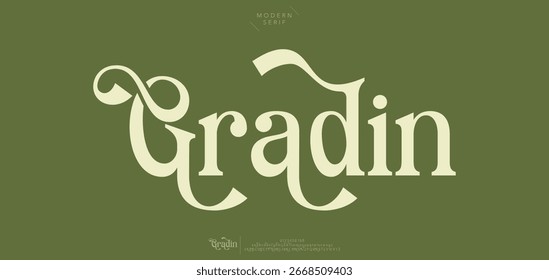 Fonte Gradin serif em estilo moderno. Elegante casamento alfabeto letras fonte e número. Tipografia Luxo clássico lettering serif fontes decorativo vintage retro logo