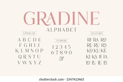 Gradine: An elegant, classic serif font with stylish uppercase letters and numbering. Perfect for sophisticated typography in a clean vector format.