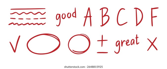 grading doodle element set. Red grades result, round accent line, plus and minus sign, school exam hand drawn icon. Outline drawing line clipart symbol collection. Vector illustration