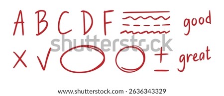 grading doodle element set. Red grades result, round accent line, plus and minus sign, school exam hand drawn icon. Outline drawing line clipart symbol collection. Vector illustration
