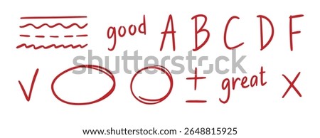 grading doodle element set. Red grades result, round accent line, plus and minus sign, school exam hand drawn icon. Outline drawing line clipart symbol collection. Vector illustration