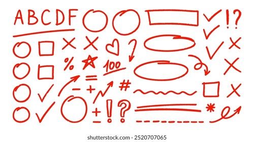 Grading doodle set, hand drawn elements. Red grades simple elements - grades results, frame accent line, plus and minus signs, check mark and cross mark, underlines, arrows. Knowledge testing, exam.