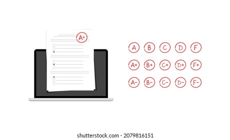 Grading system. Test on laptop with grades set isolated on white background. Vector illustration