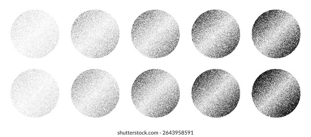 Gradual black stipple noise dot grain spheres on white. Vector spheres with halftone effect. Abstract design element for futuristic poster.