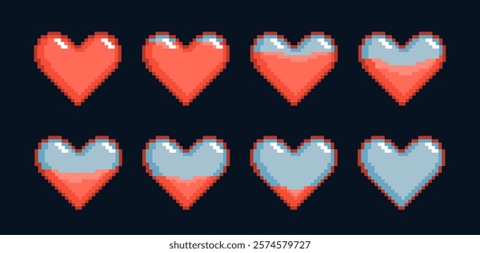 Gradual decrease in life indicator. Pixel heart, health bar level lowering, retro video game symbol, love and romantic, 8 bit arcade symbol, cartoon flat isolated nowaday vector set