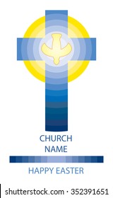 Gradual steps color Lent or Easter cross, Church logo, with yellow halo and a dove - Holy Spirit