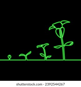 Gradual tree growth in the ground. Stages of growth from sprout to adult plant. Agriculture, gardening, nature icon neon glow vector illustration concept