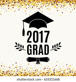 Graduate 2017 Klasse der Grußkarte mit Hut, Scroll und Lorbeer für Einladung, Banner, Poster, Postkarte. Vektorgrafik