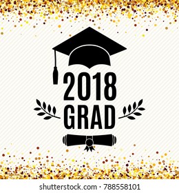 Graduate 2018 class of greeting card with hat, scroll and laurel for invitation, banner, poster, postcard. Vector illustration. All isolated and layered