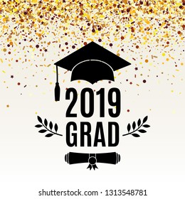 Graduate 2019 class of greeting card with scroll, hat, laurel on beige background with falling golden confetti for invitation, banner, poster, postcard. Vector illustration. All isolated and layered