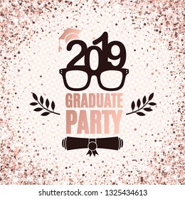 Graduate 2019 class of greeting card with glasses, hat, scroll, laurels in pale rose gold colors. Vector illustration for invitation, banner, poster, postcard. All isolated and layered