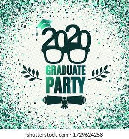 Graduate 2020 class of greeting card with glasses, hat, scroll, laurels in emerald colors. Vector illustration for invitation, banner, poster, postcard. All isolated and layered