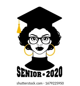 Graduate 2020. Graduation 2020. Senior 2020. Class of 2020. Black woman. Вlack girl in a graduation cap. College graduation. High school graduation. Vector clipart