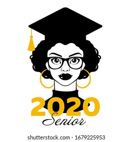 Graduate 2020. Graduation 2020. Senior 2020. Class of 2020. Black woman. Black girl in a graduation hat and glasses. College graduation. High school graduation. Vector clipart