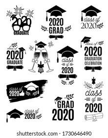 Graduate 2020 labels design set. Concept for shirt, print, seal, overlay, stamp, greeting card, invitation. Vector sign or logo. All isolated and layered