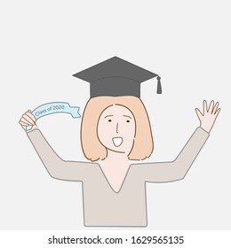 Graduate 2020. picture in cartoon style. Pupil in graduate hat. Vector illustration for educational institutions.