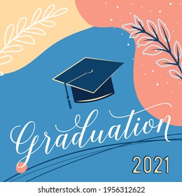 Graduate 2021 vector background, greeting card. Trendy design illustration of congratulation graduation with cap, plant, dot, organic shapes. Modern art in minimalist style.