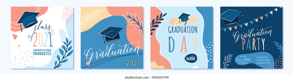 Graduate 2021 vector backgrounds, sale offer banner, greeting cards, party poster. Trendy design congratulation graduation with diploma, cap, plant, dot, organic shape. Modern art in minimalist style.