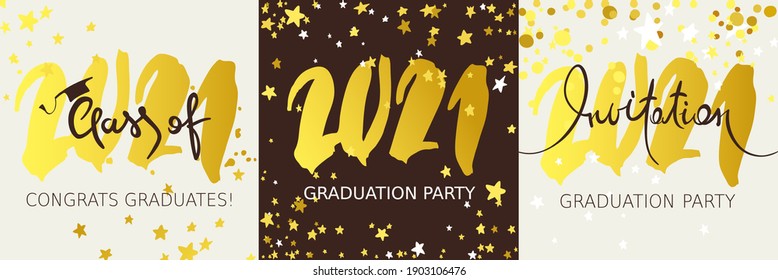 Graduate 2021. Vector illustration, card, invitation with gold confetti and calligraphic title.	