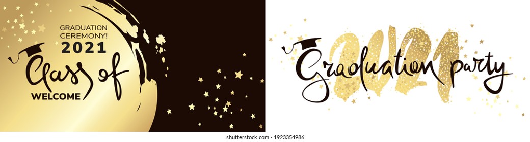 Graduado 2021. Ilustración vectorial, tarjeta, invitación con confeti dorado y título caligráfico.