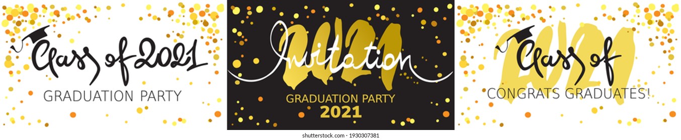 Graduate 2021. Vector illustration, card, invitation with gold confetti and calligraphic title.	
