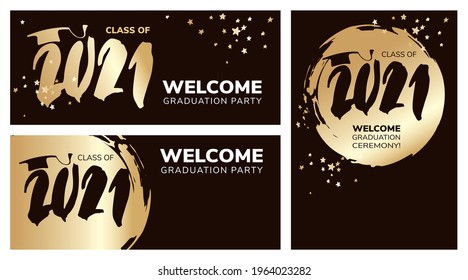 Graduate 2021. Vector illustration, card, invitation with gold confetti and calligraphic title.	