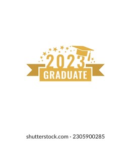 Graduate 2023. Graduation party logo design. Class of 2023 with graduation cap and ribbon. Graduation symbols. Vector illustration. 