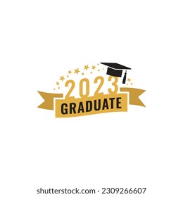 Graduate 2023. Graduation party logo design. Class of 2023 with graduation cap and ribbon. Graduation symbols. Vector illustration. 