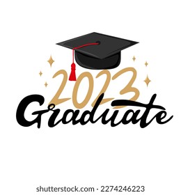 Graduate 2023.  Handwritten text with graduation cap. Template for design party high school or college, graduate invitations or banner. Vector illustration