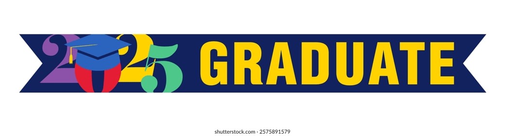 Graduate 2025 celebrating blue ribbon with colourful graphic elements and isolated clipping mask. Horizontal banner. Web button concept. Cute creative numbers 20 25 with mortarboard and text design.