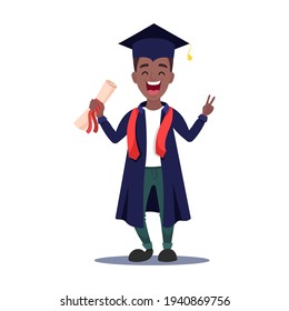 Graduate Afro-American boy smiling and wearing a black academic robe while holding a diploma certificate. Graduation online. Flat editable vector illustration, character design concept