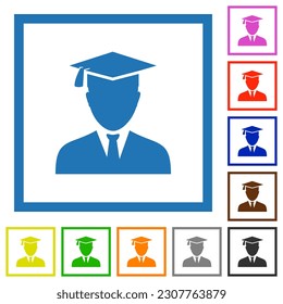 Graduate avatar flat color icons in square frames on white background