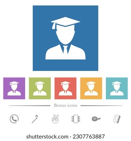 Graduate avatar flat white icons in square backgrounds. 6 bonus icons included.