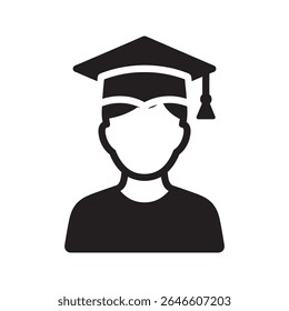 Ícone de avatar de pós-graduação com pessoa usando um capuz de mortarboard representando um estudante universitário após uma cerimônia de graduação vetor ícone de glifo sólido