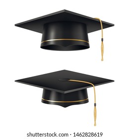 Graduate black academic cap set, realistic style. Mortarboard for university and college scholars, item of academic dress Vector graduate cap illustration.