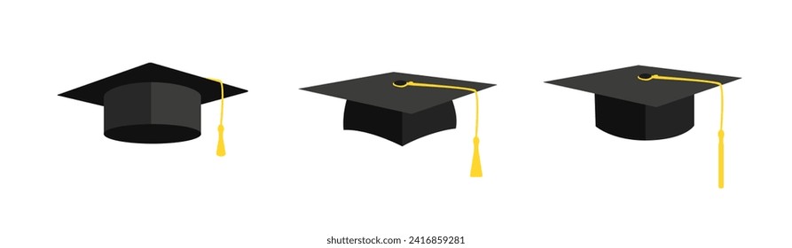 Graduate black caps set. Education cap with square brim to celebrate successful graduation from school and college with academic success vector uniform