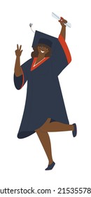 Graduate black girl jumping for happiness. Graduate uniform. Flat vector illustration. Eps10